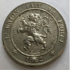 BELGIUM 1862 /1 . FIVE 5 CENTIMES COIN . OVERDATE . RESTAMPED